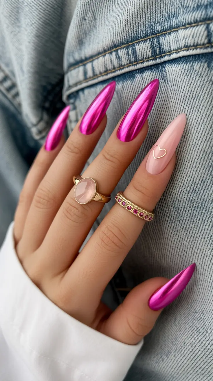 Bright Pink Nails 2026 Chrome Bright Pink With a Soft Nude Detail