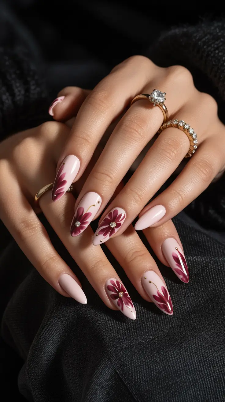 Bright Pink Nails 2026 Deep Pink Floral Nails with a Romantic Mood