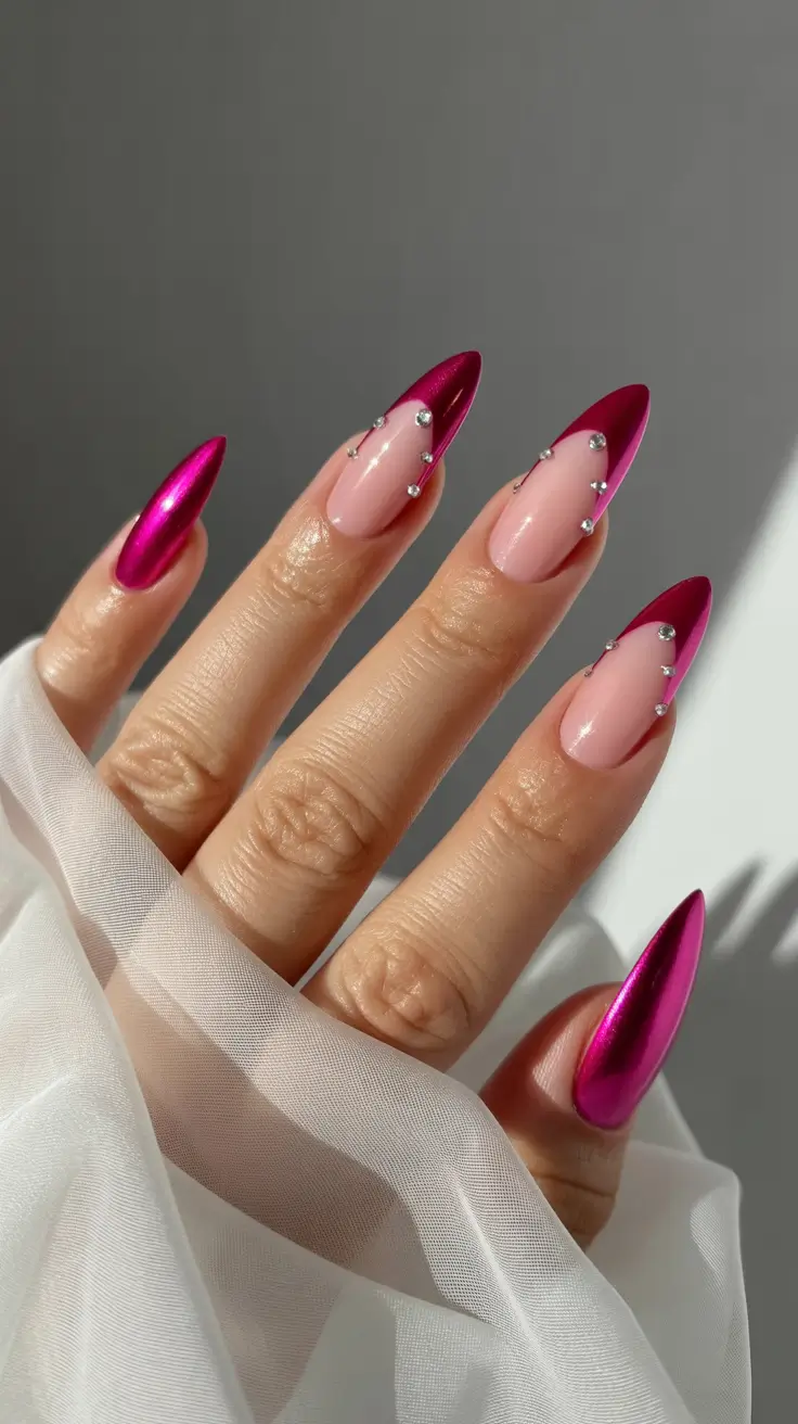 Bright Pink Nails 2026 Bold Metallic Pink Nails with Crystal Accents