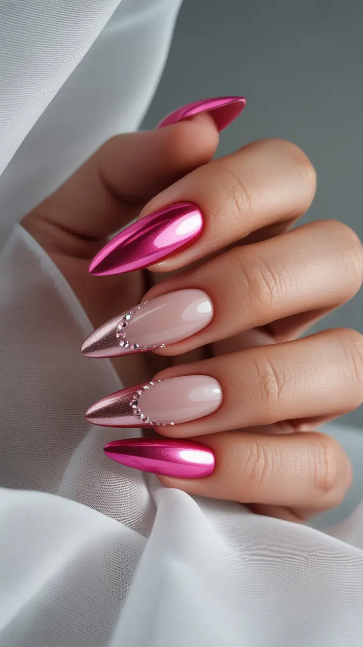 Bright Pink Nails 2026 Chrome Hot Pink With Crystal Details