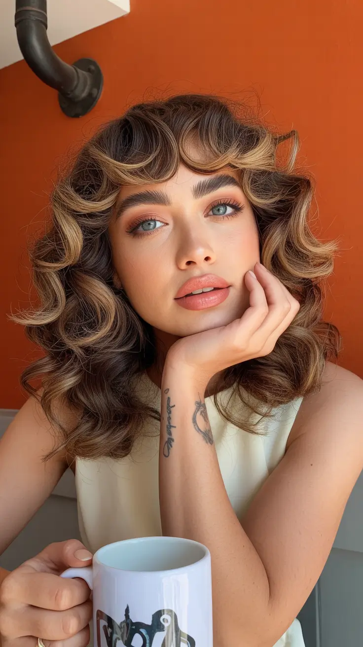 brunette hair color 2026 Soft Retro Curls with Honey Accents
