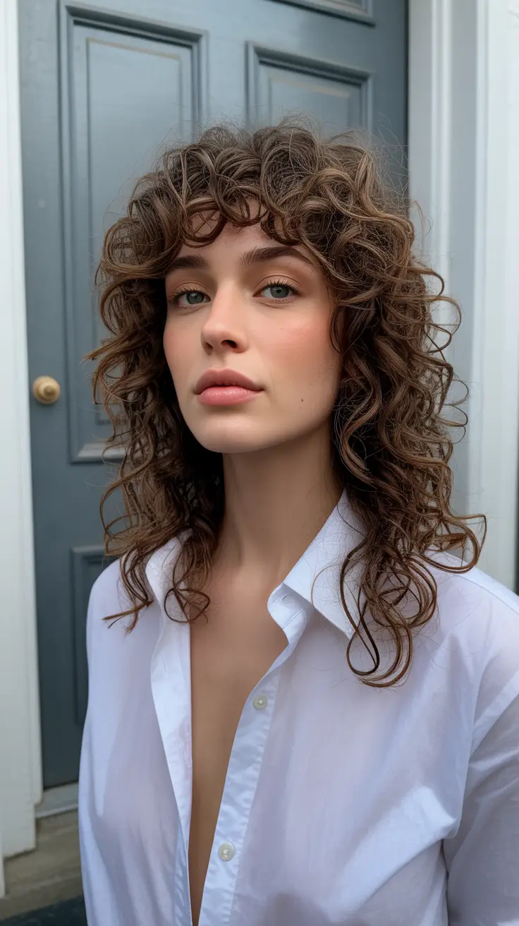 brunette hair color 2026 Effortless Curly Shag with Caramel Highlights