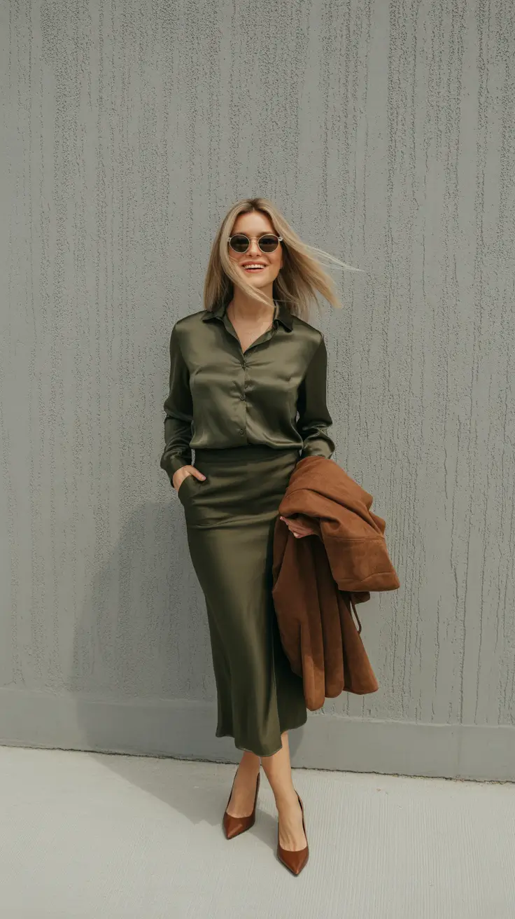 business casual outfits 2026 Olive Luxe Satin Serenity