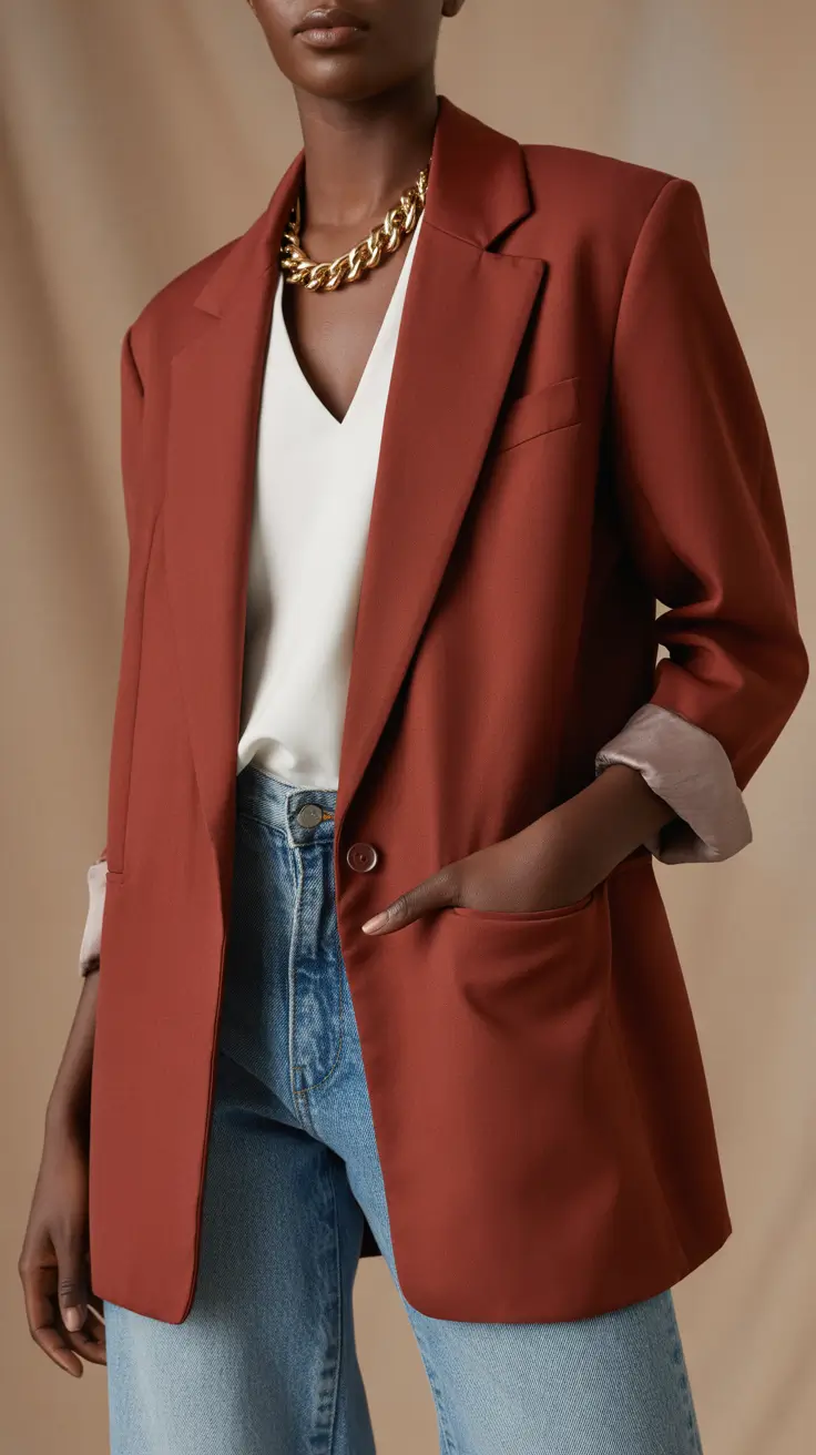 business casual outfits 2026 Rust Revival: Modern Classic with Denim Ease