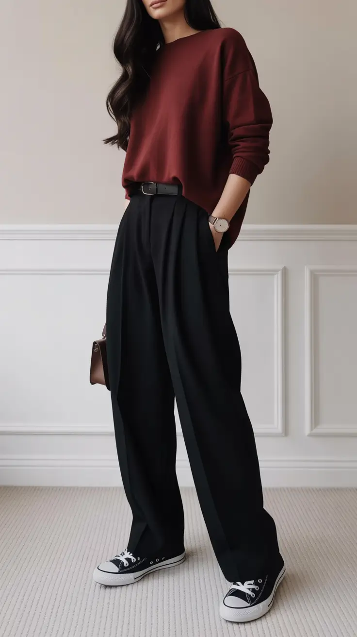 business casual outfits 2026 Modern Ease Deep Tones and Laid-Back Lines