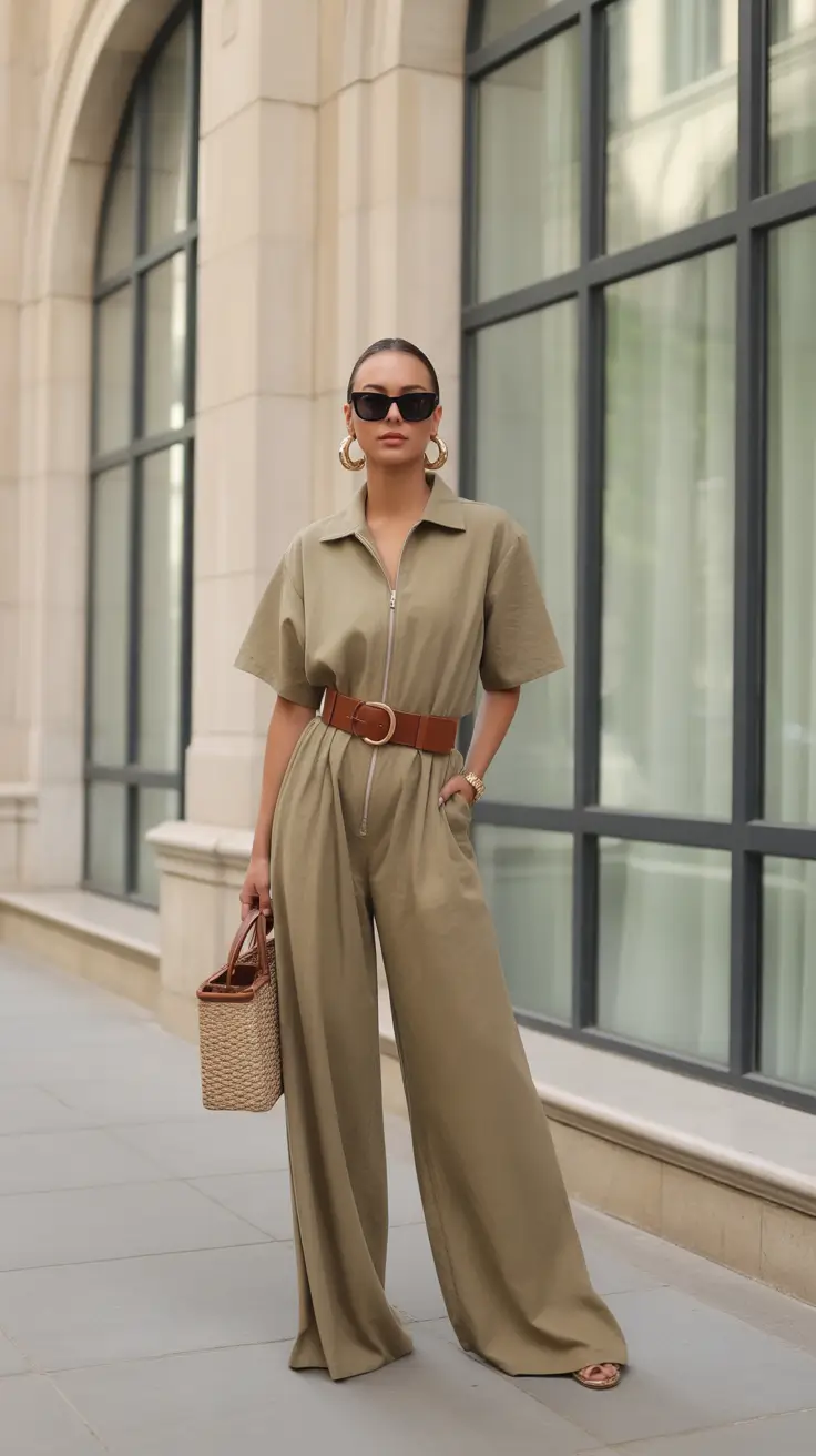 Travel outfits 2026 - Structured khaki jumpsuit for city trips