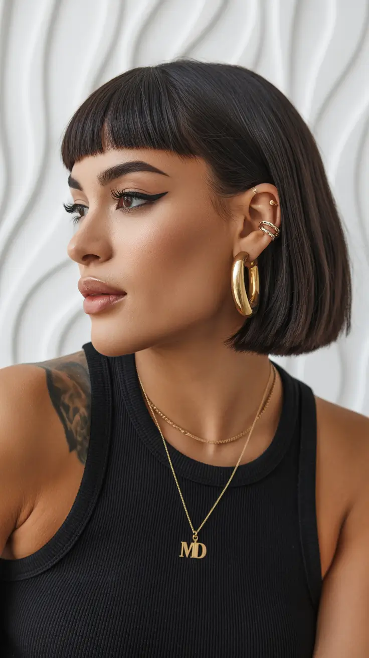 bob haircut 2026 Chic Layered Bob with Sharp Fringe