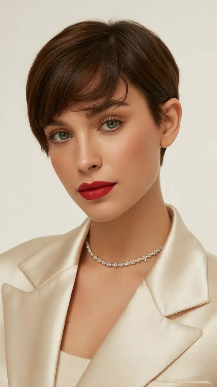 Short Haircuts 2026 Elegant Brunette Pixie With Side Bangs