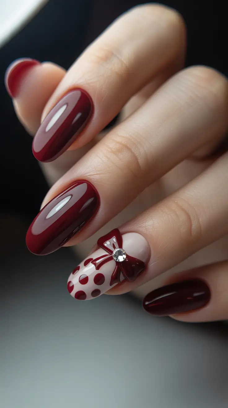 Classic Red Nails 2026 Dark Cherry Nails with Cute Accent Art