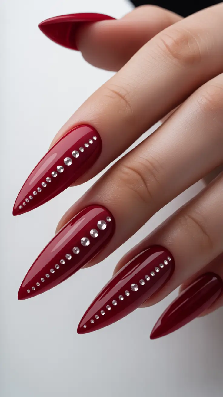 Classic Red Nails 2026 Dark Cherry Stiletto With Linear Crystal Art
