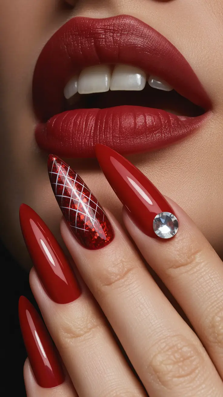 Classic Red Nails 2026 Dark Red With Graphic Accent Nail