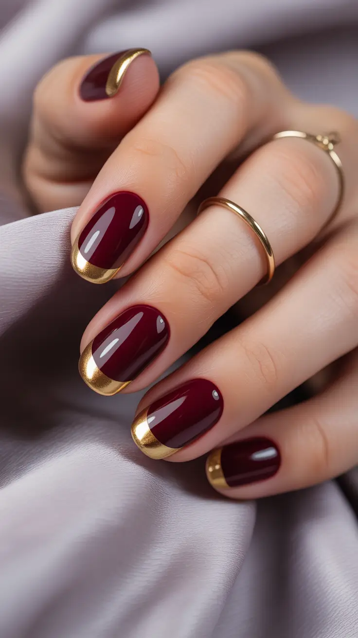 Classic Red Nails 2026 Burgundy Short Nails with Gold Tips