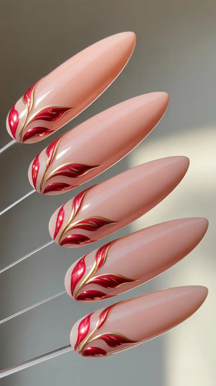 Classic Red Nails 2026 Nude Almond Nails with Red and Gold Waves