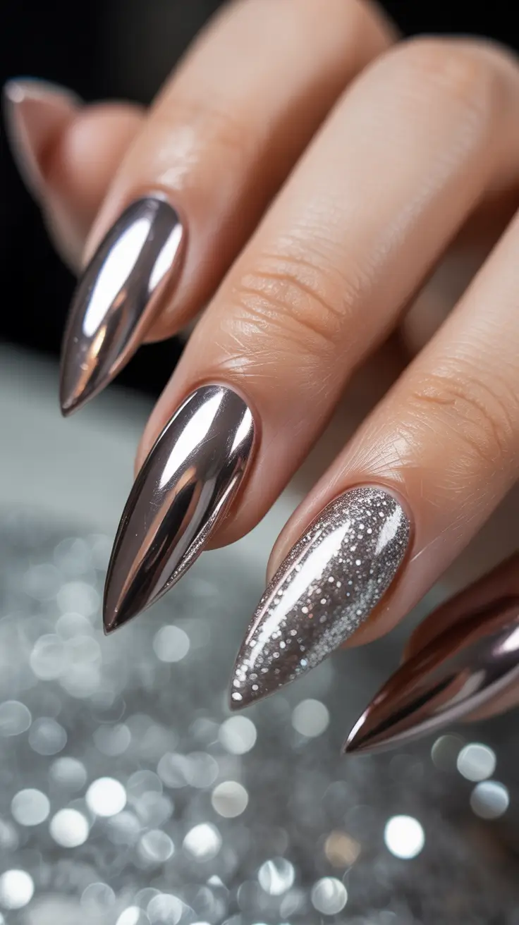 Classy nails aesthetic 2026 Dark Chrome Almond Nails with Glitter Accent