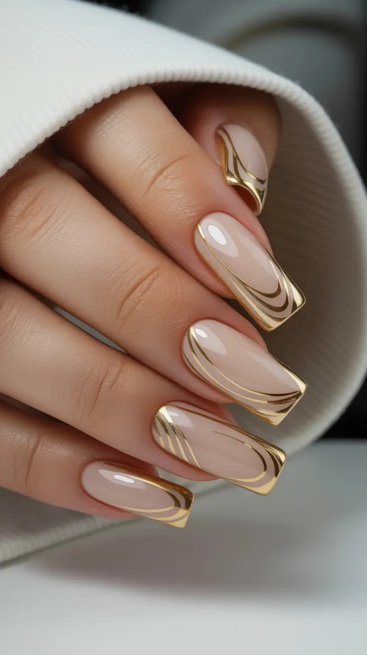 Classy nails aesthetic 2026 Nude Square Nails with Gold Frame Lines