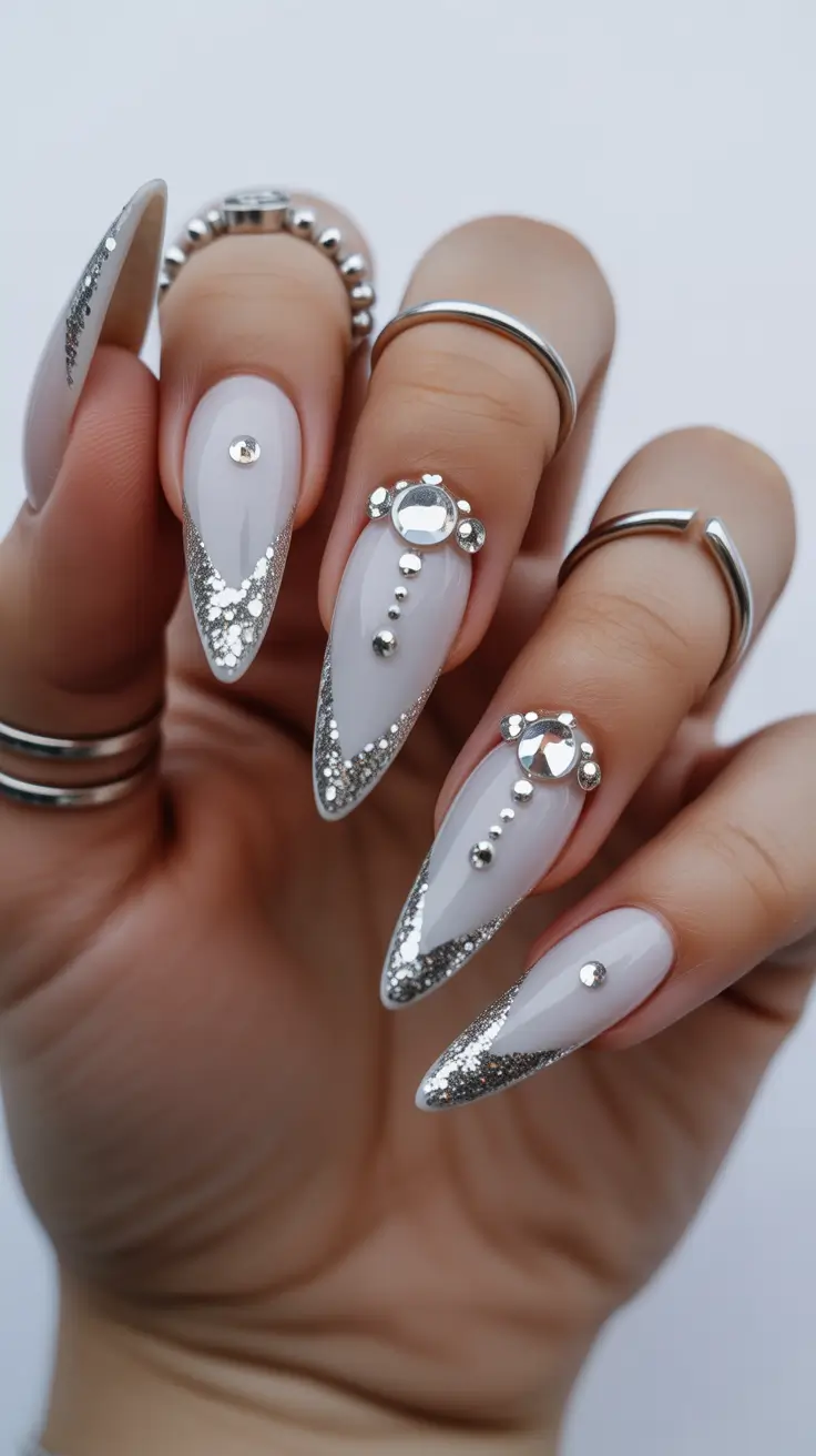 classy nails aesthetic 2026 Icy White Almond With Silver Crystal Details