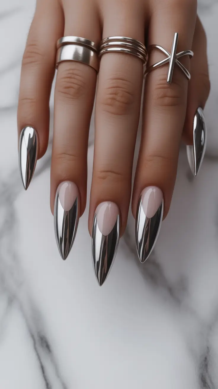 Classy nails aesthetic 2026 Chrome Almond Nails in Cool Silver