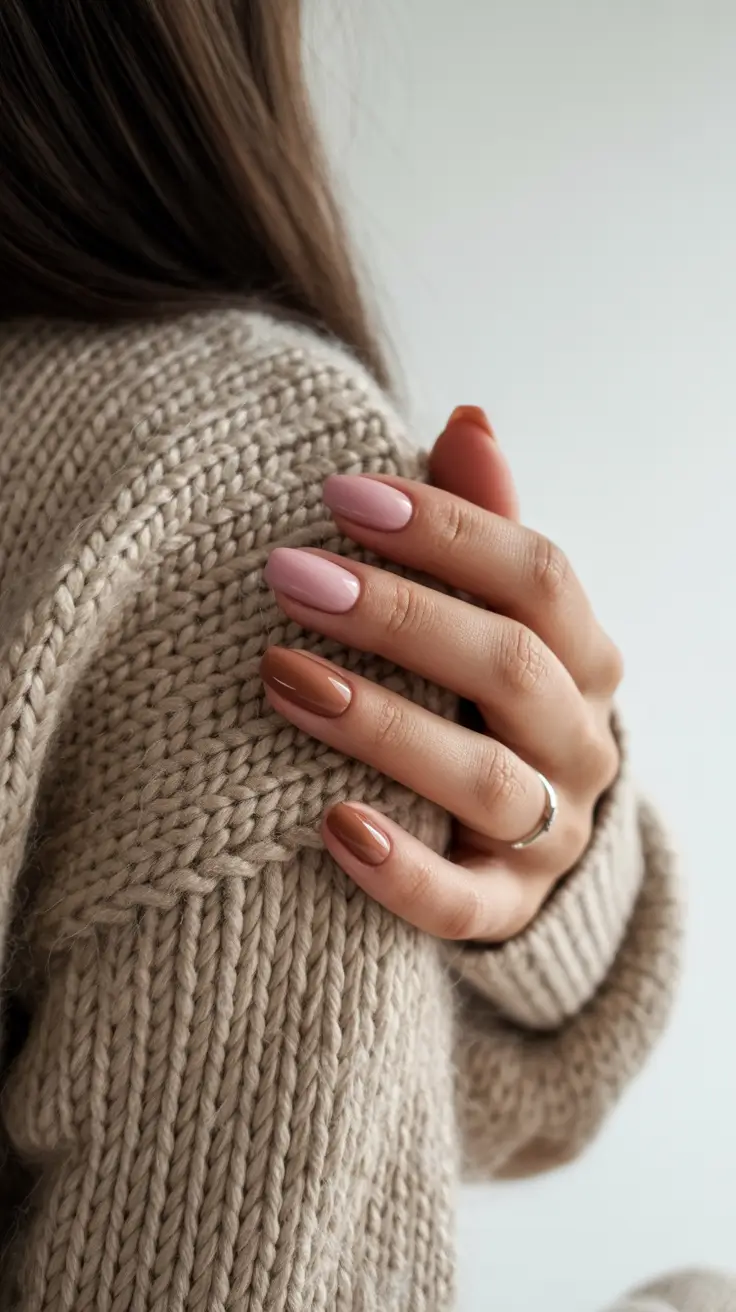 classy nails aesthetic 2026 Cozy Knit Tones With Glossy Pink and Caramel