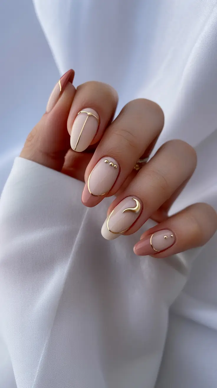 classy nails aesthetic 2026 Minimal Nude With Fine Gold Lines and Modern Details