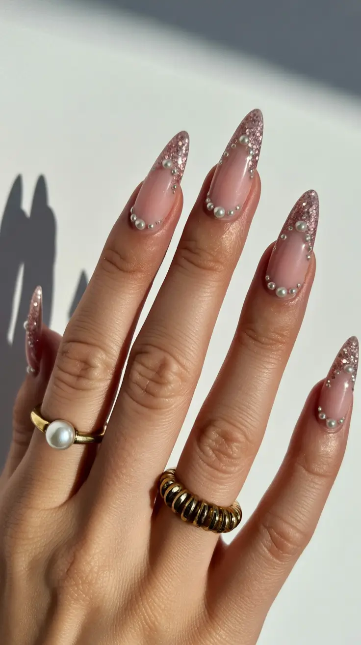 Classy nails aesthetic 2026 Pink Glitter Almond Nails with Pearls