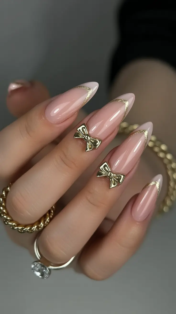 Classy nails aesthetic 2026 Soft Pink Almond Nails with Gold Bows