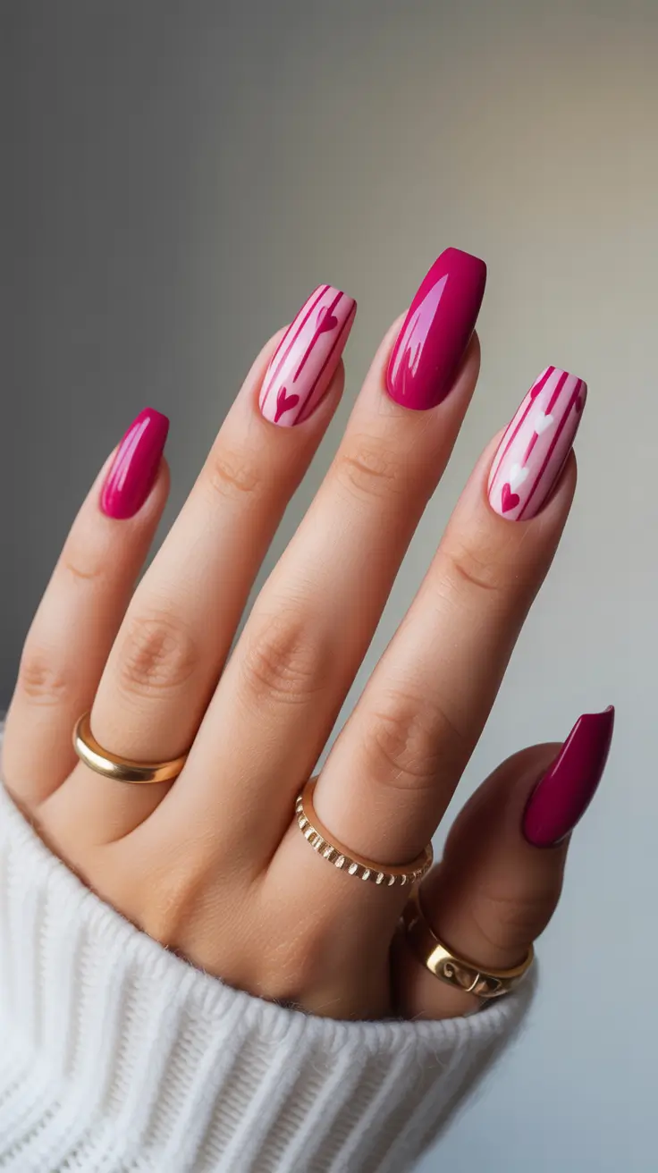 Coffin Shape Nails Ideas 2026 Pink Heart Design