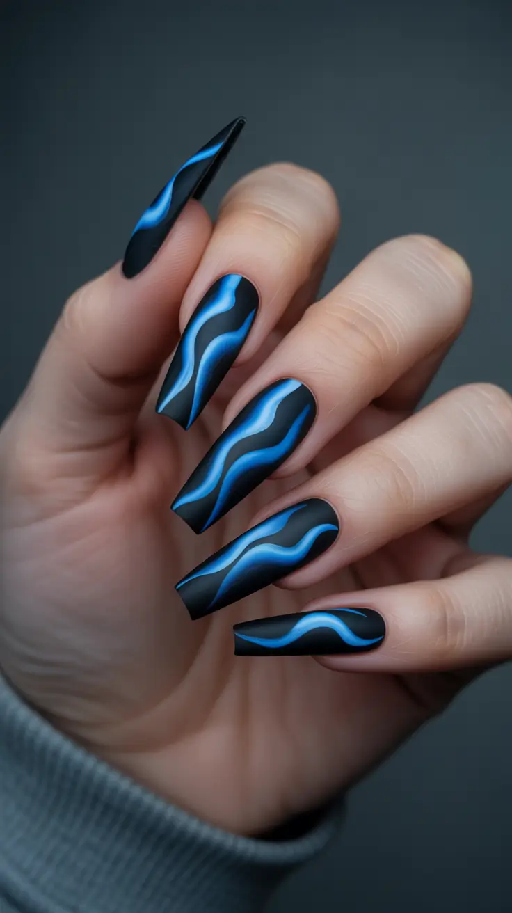 Coffin Shape Nails Ideas 2026 Black Blue Design