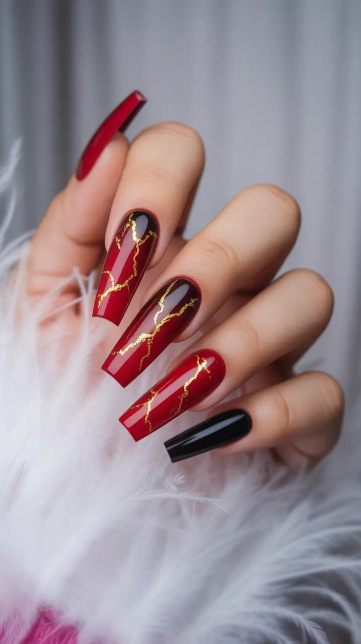 Coffin Shape Nails Ideas 2026 Red Gold Design