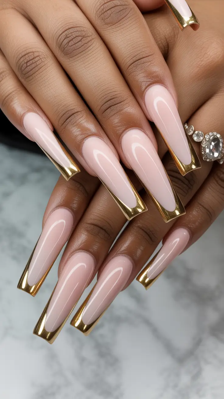 Coffin Shape Nails Ideas 2026 Nude Gold Coffin