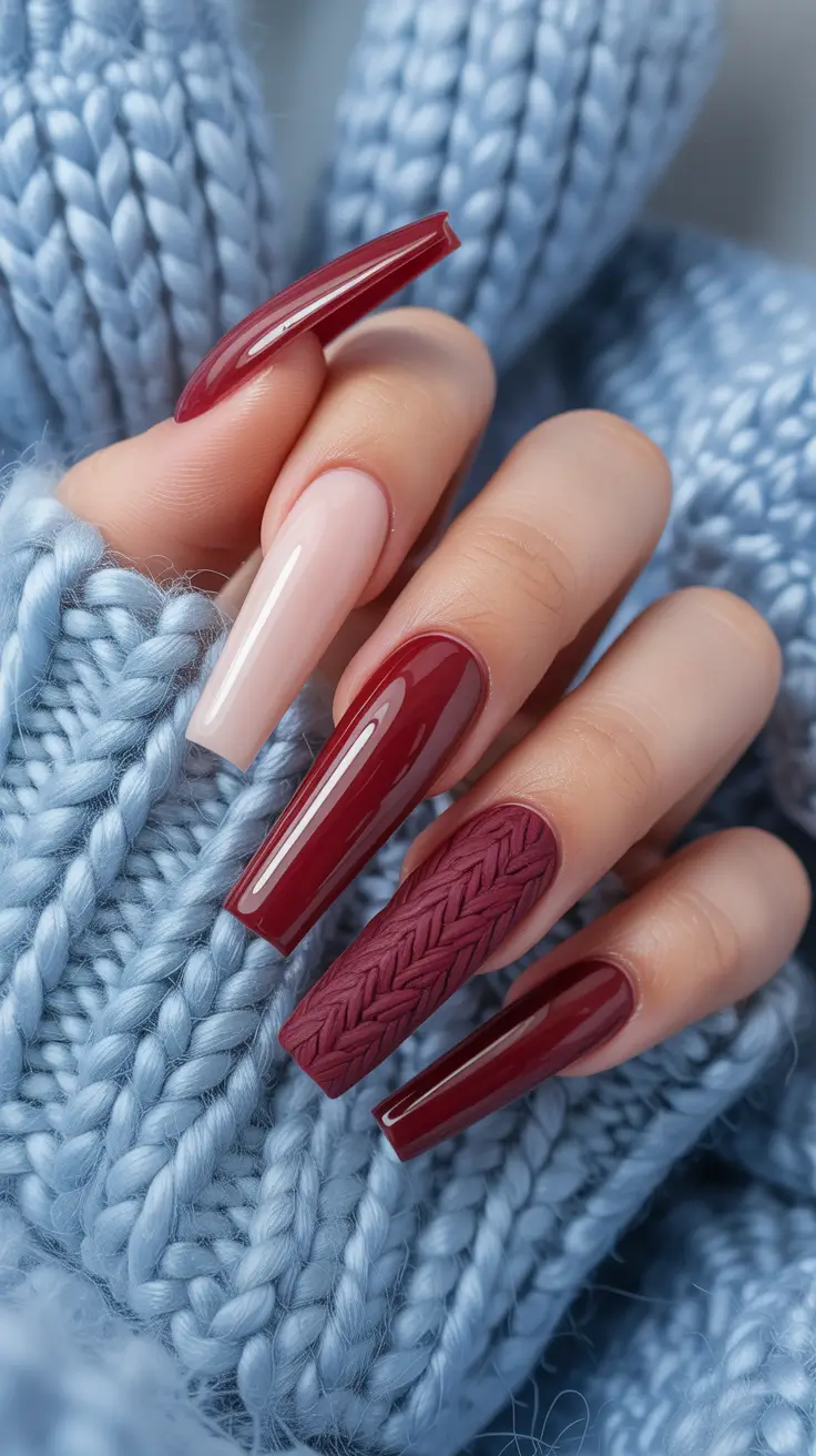 Coffin Shape Nails Ideas 2026 Burgundy Textured Coffin