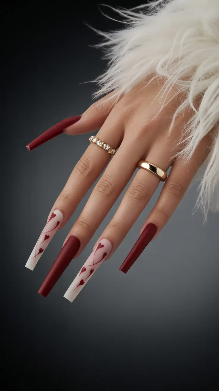 Coffin Shape Nails Ideas 2026 Red White Heart Design
