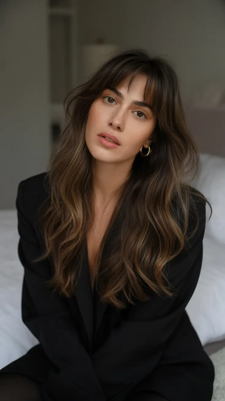 dark brown hair color 2026 Soft Waves With Fringe Energy