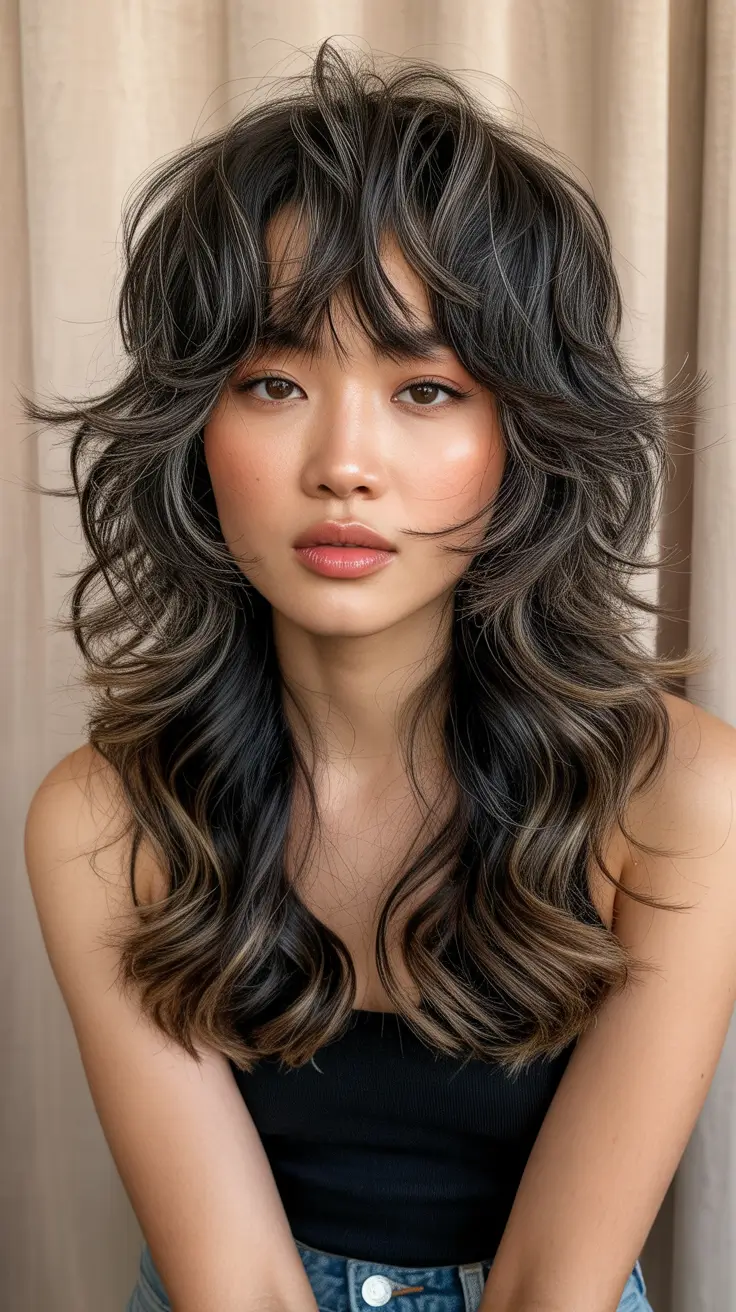 wolf haircut 2026 Dimensional Waves with Curtain Bangs