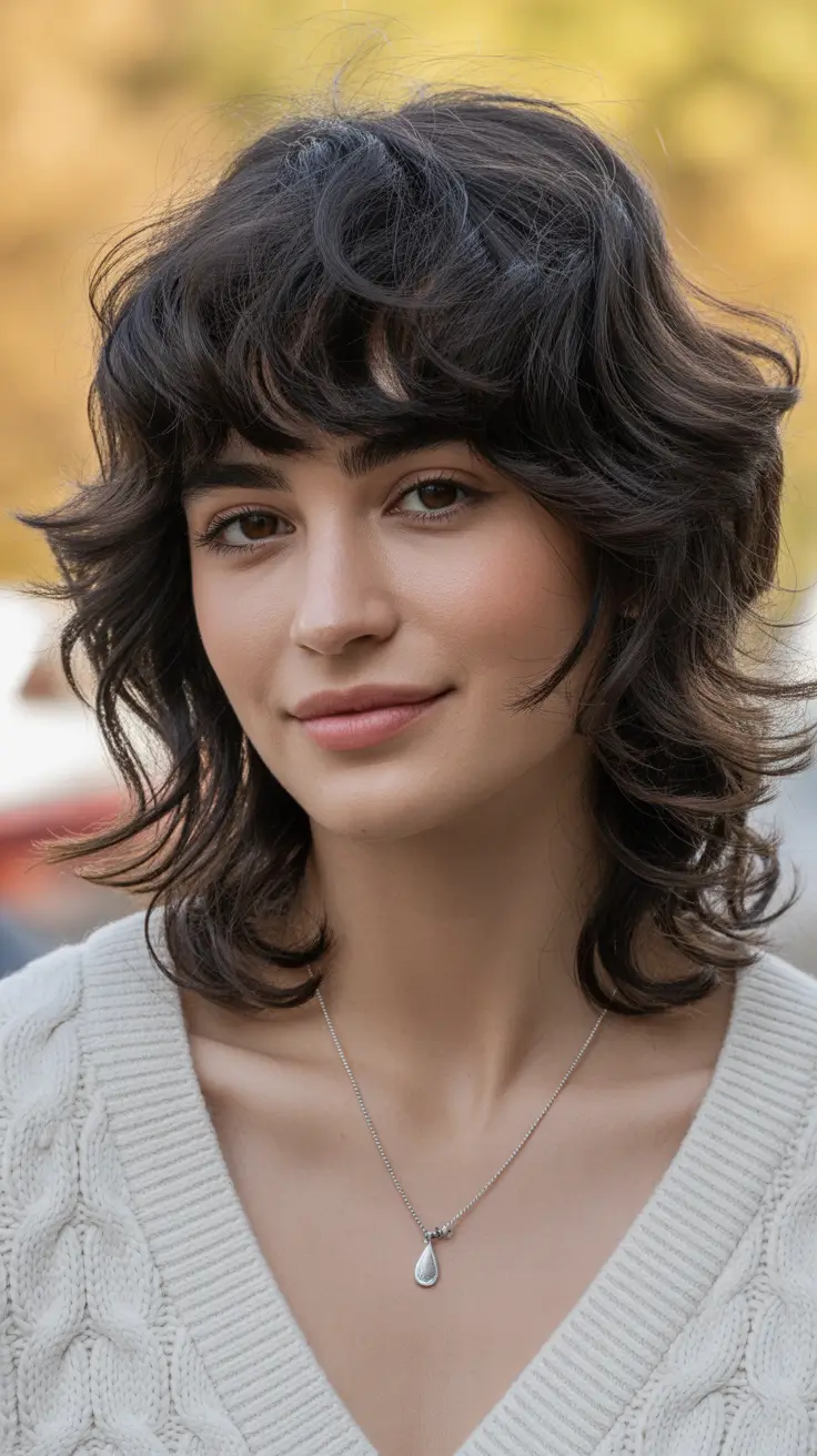 wolf haircut 2026 Airy Chocolate Wolf with Curtain Bangs