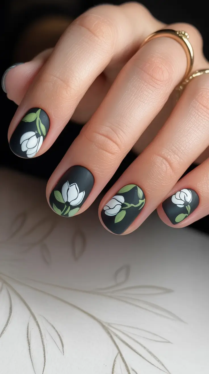 Creative Acrylic Nails 2026 Dark Green Floral Design