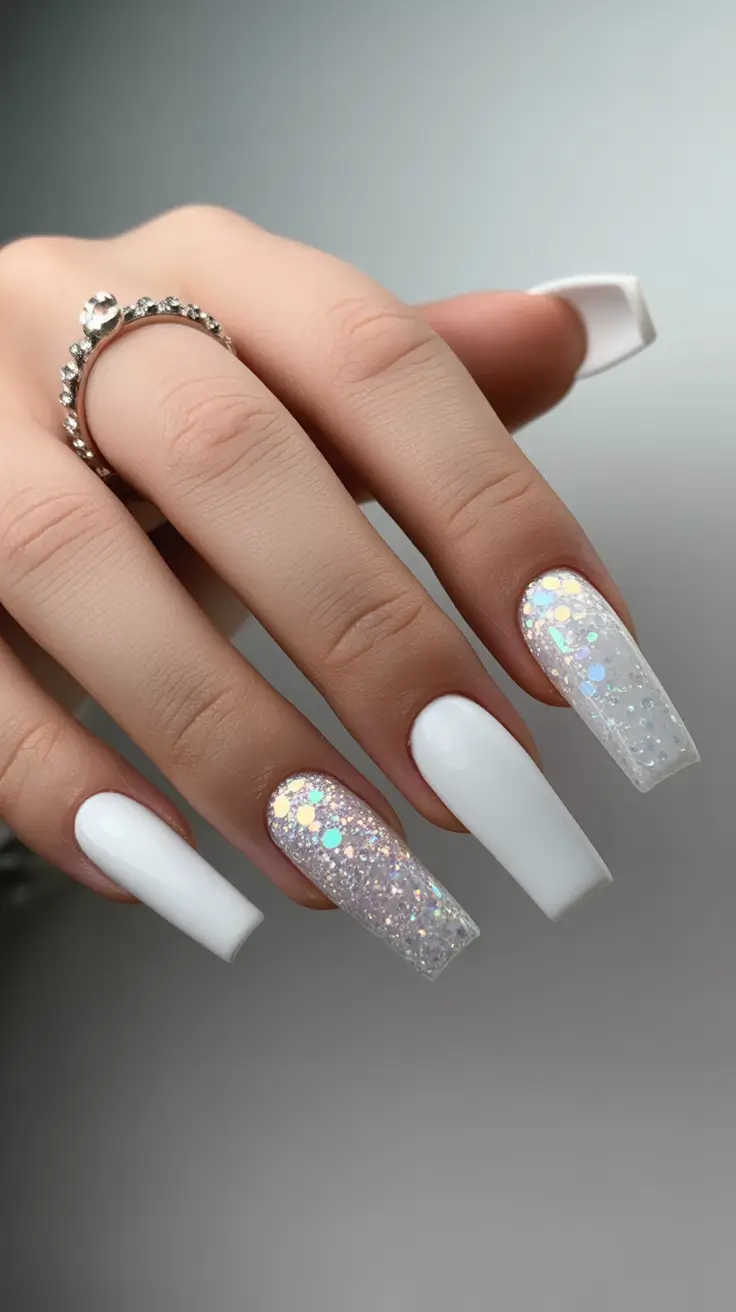 Creative Coffin Nails 2026 White Glitter