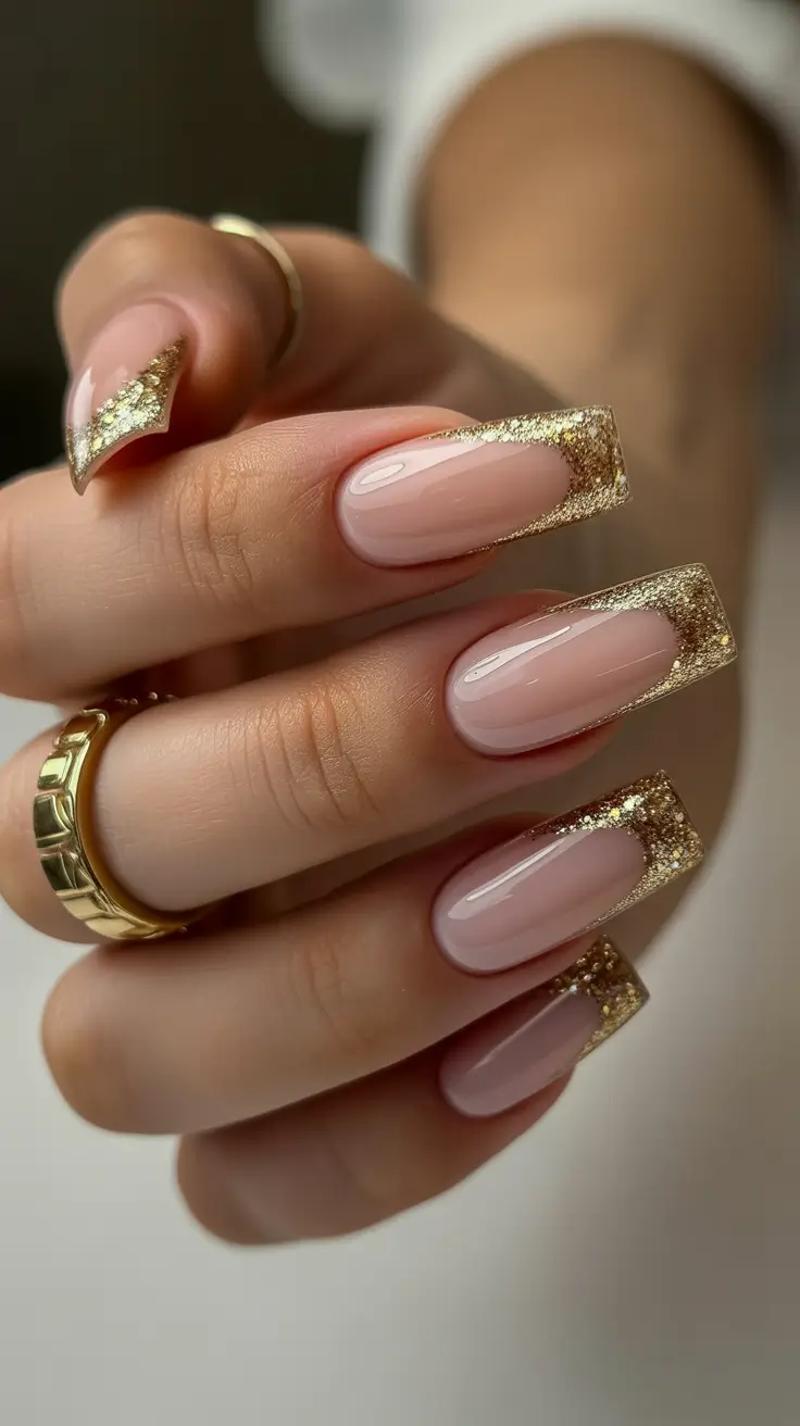 Creative Coffin Nails 2026 Nude Gold Glitter French
