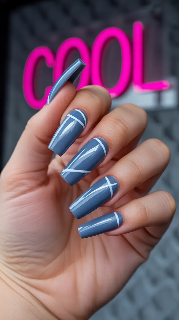 Creative Coffin Nails 2026 Slate Blue Coffin Nails With Clean Graphic Lines