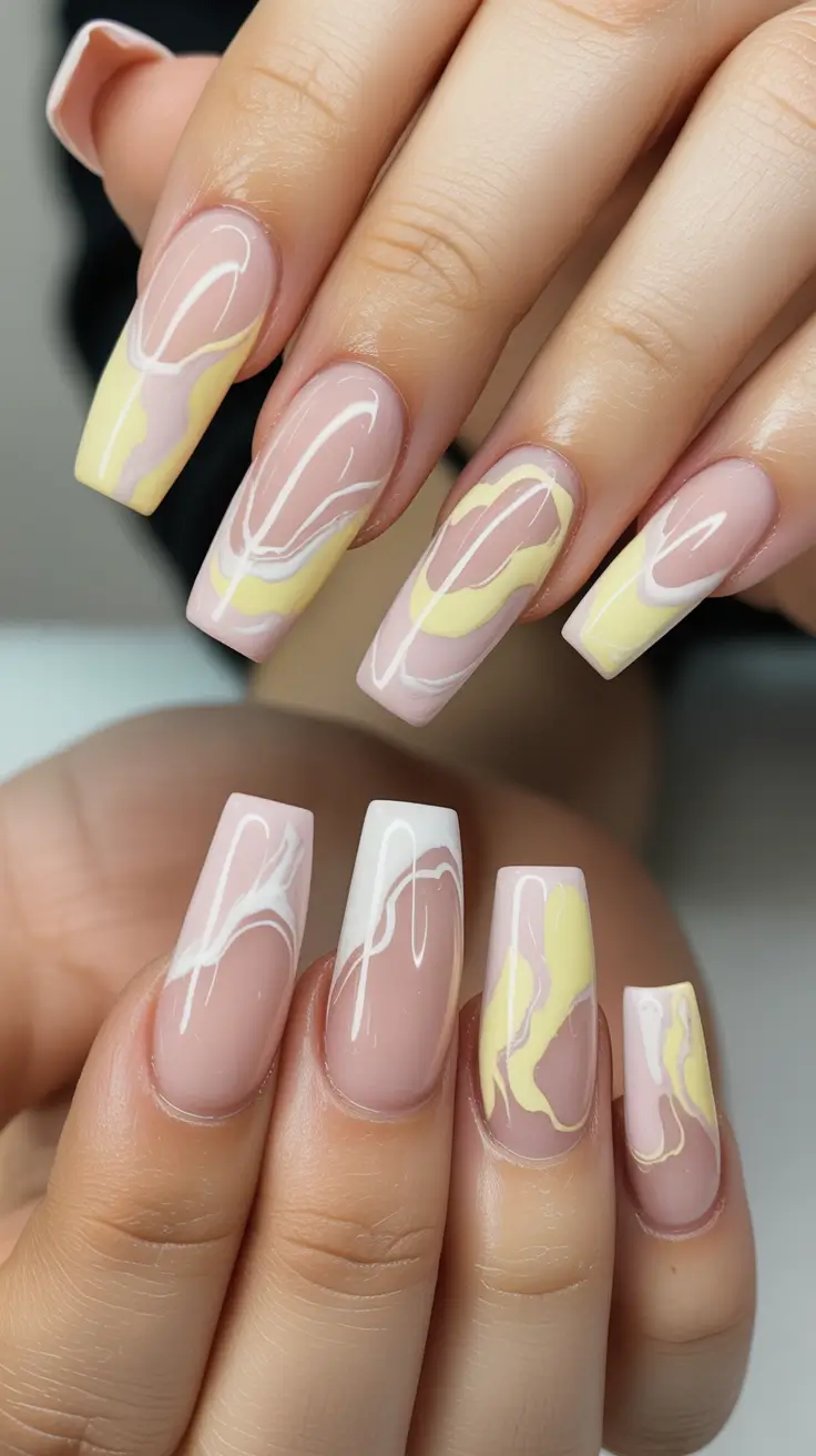 Creative Coffin Nails 2026 Soft Yellow Swirl