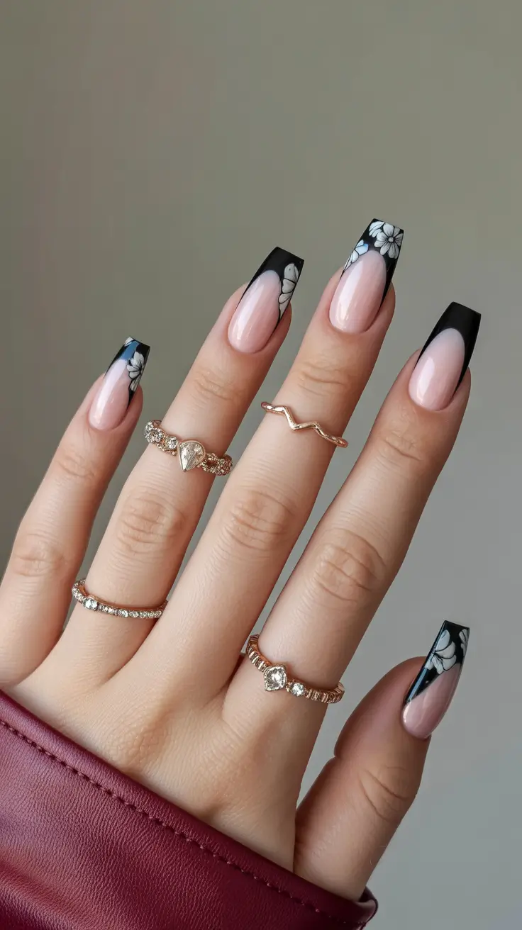 Creative Coffin Nails 2026 Black French Floral