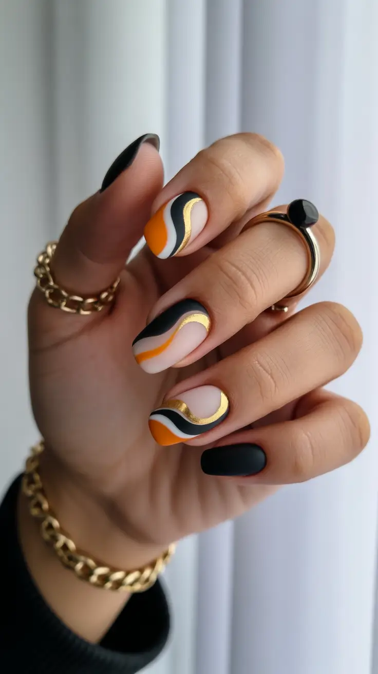 Creative Nail Designs 2026 Retro Waves in Orange and Black