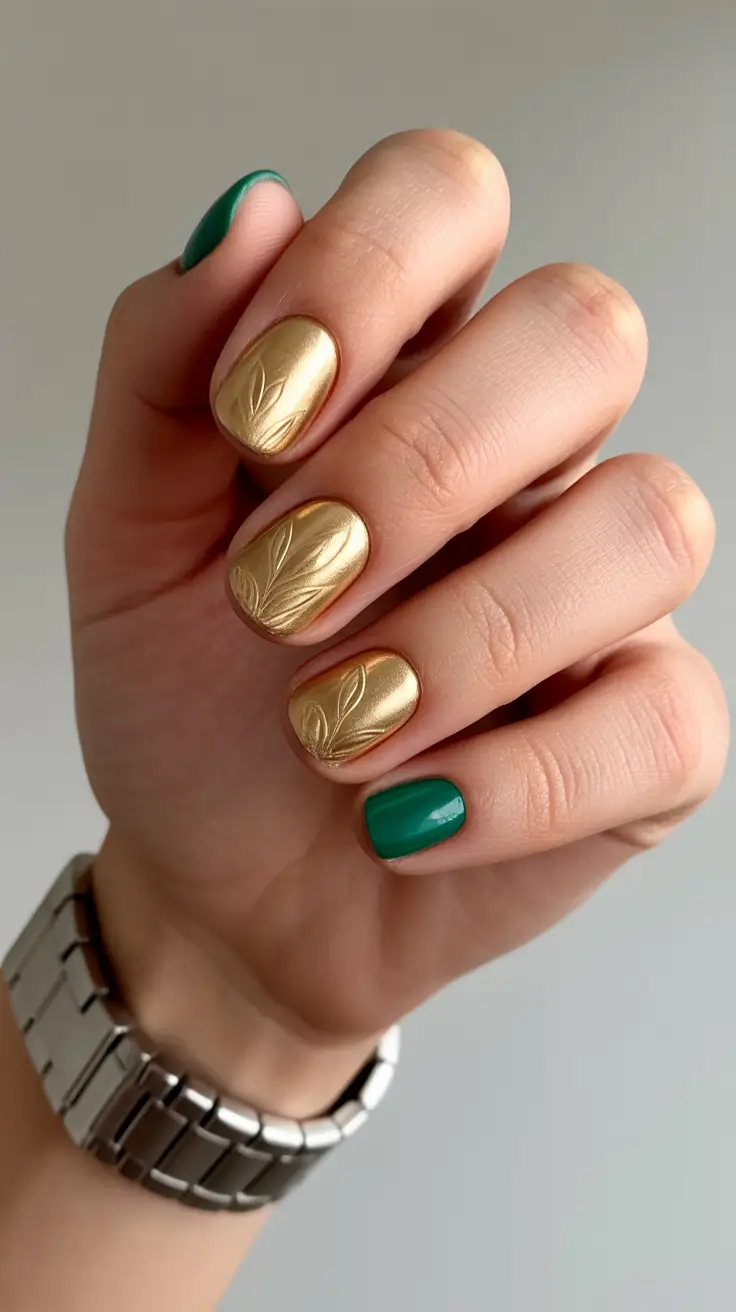 Creative Short Nails 2026 Emerald and Gold Embossed Short Nails