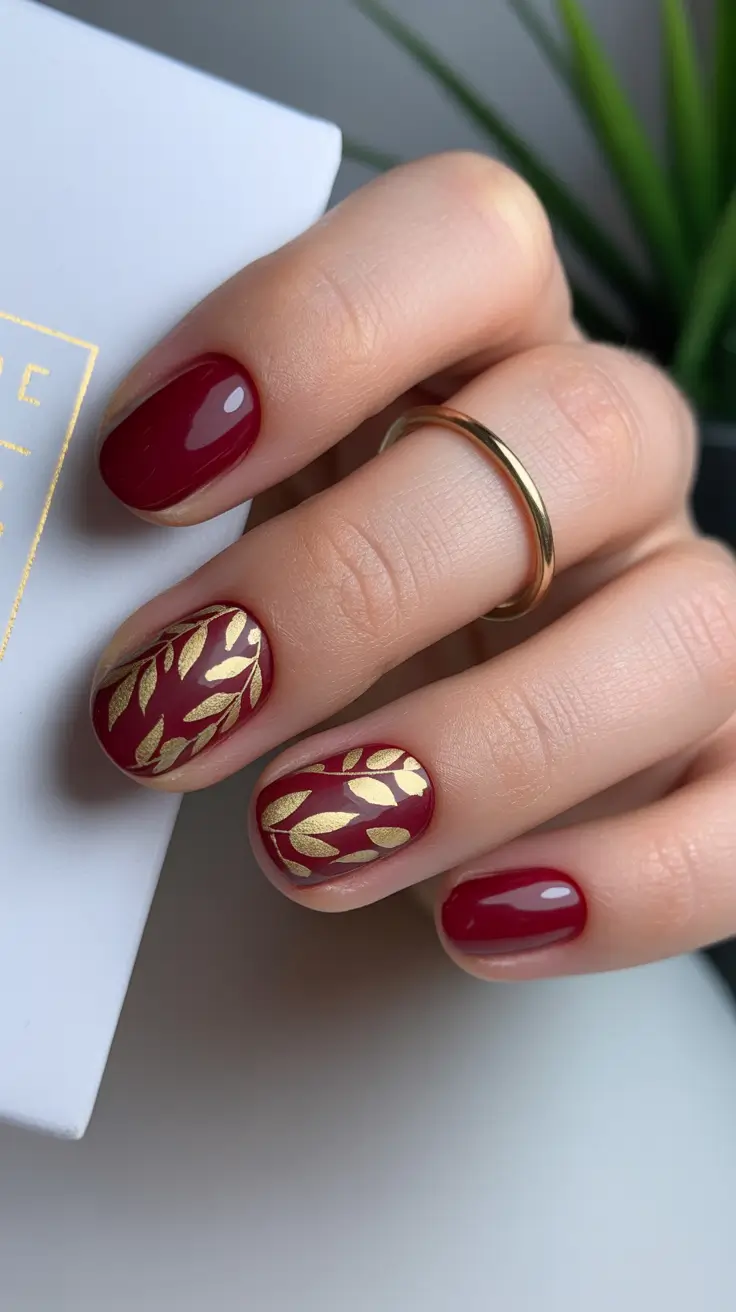Creative Short Nails 2026 Deep Red Nails with Gold Leaf Accents