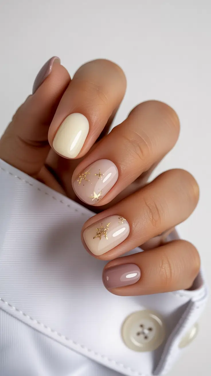 Creative Short Nails 2026 Soft Ivory Nude Gold Accents