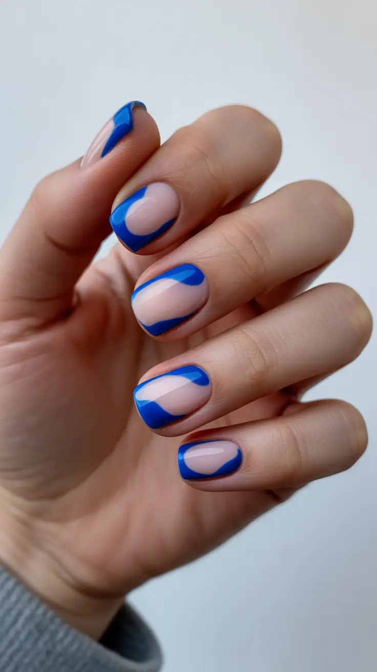 Creative Short Nails 2026 Blue Graphic French