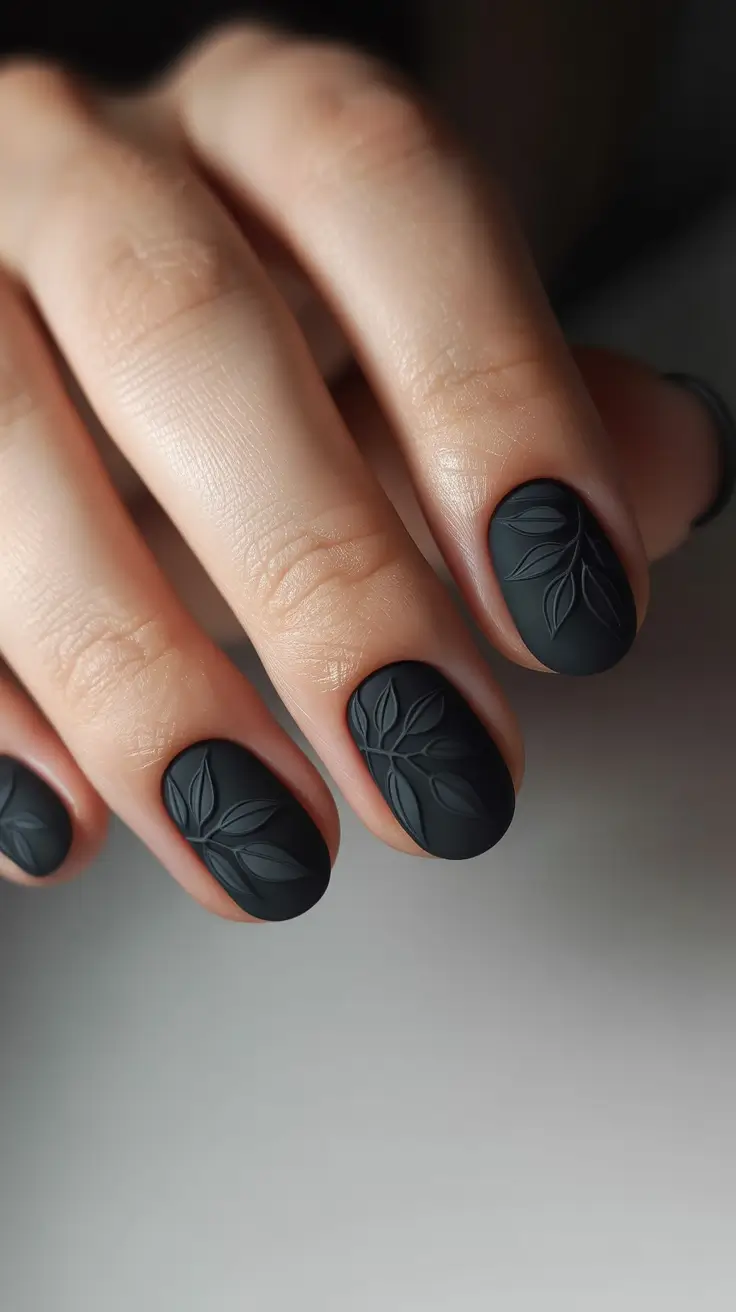 Creative Short Nails 2026 Matte Black Botanical Texture