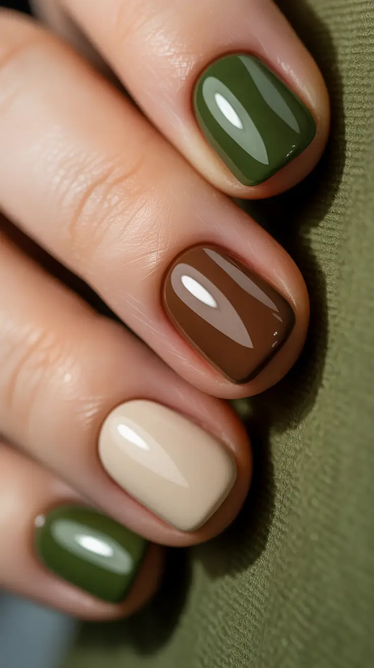 Creative Short Nails 2026 Earthy Color Block Nails