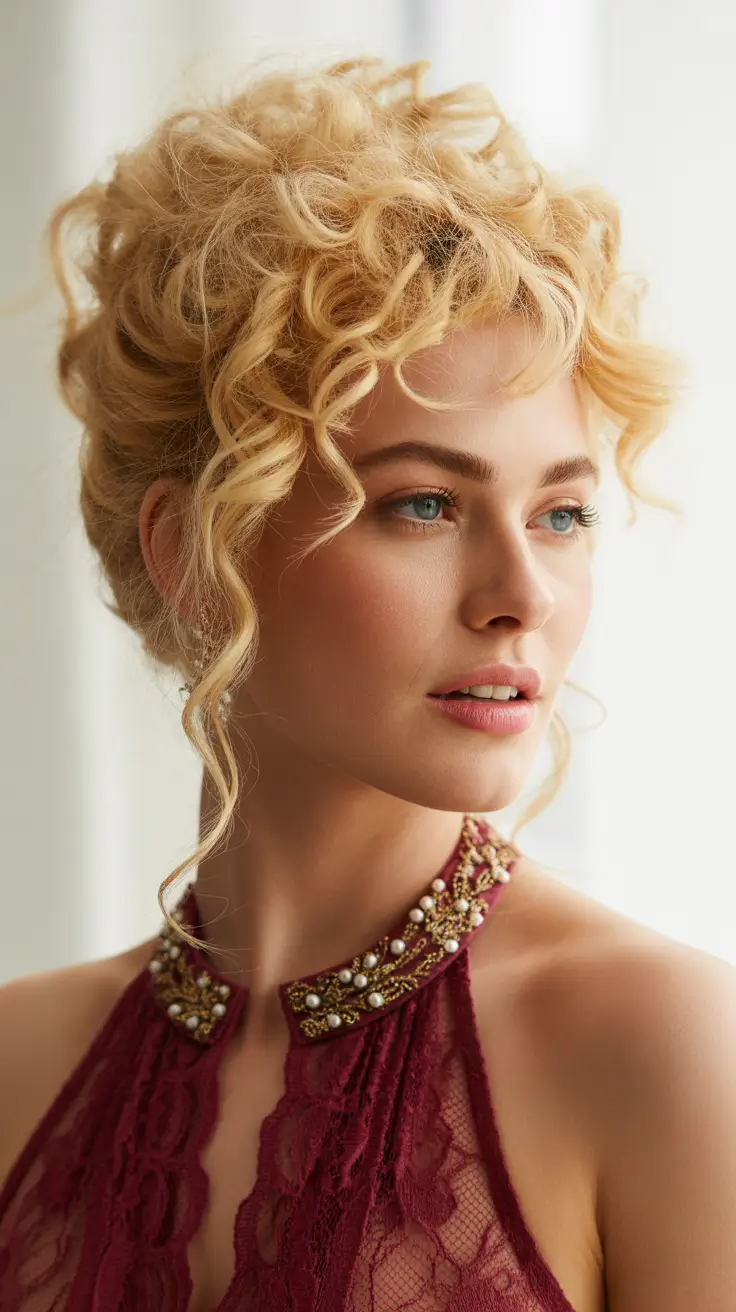 curly hairstyle 2026 Romantic Curly Updo with Fringe