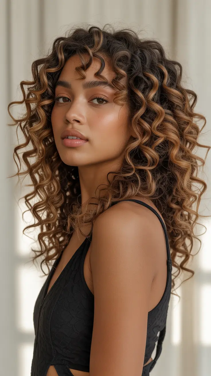 curly hairstyle 2026 Long Defined Caramel Spiral Curls
