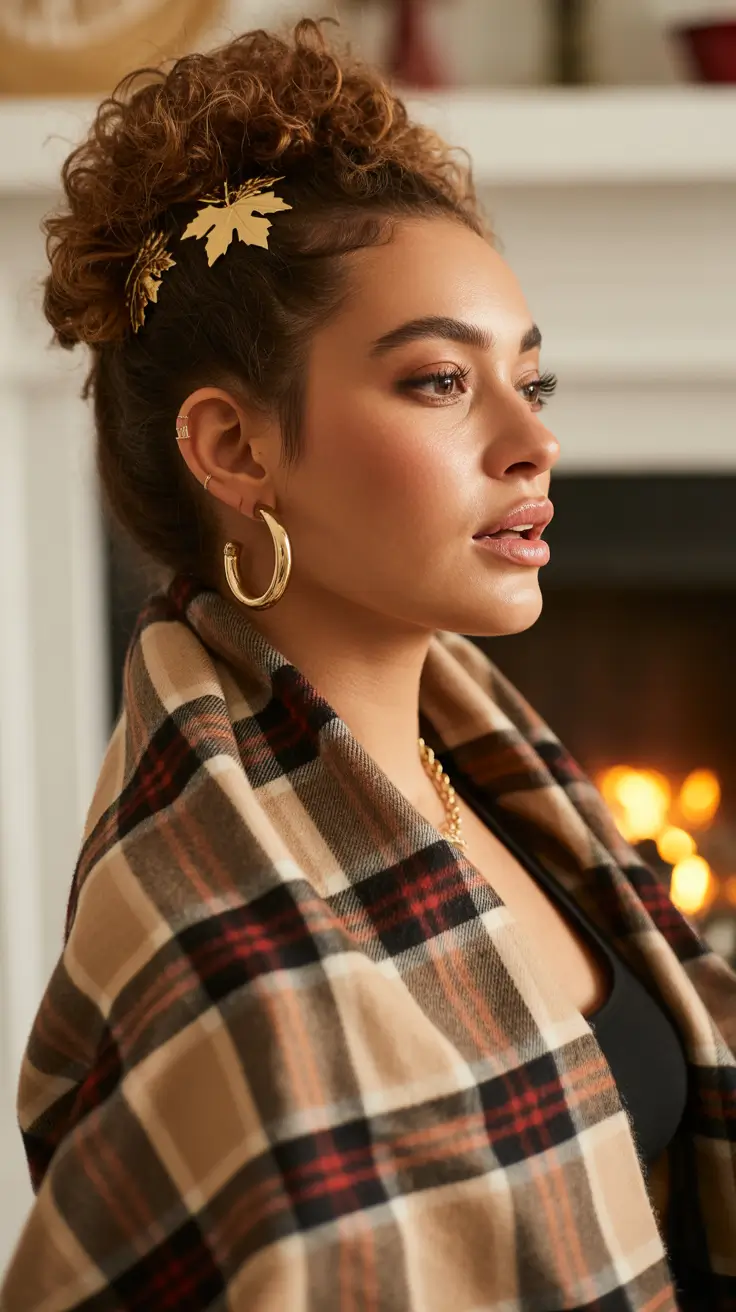 curly hairstyle 2026 Textured Bun with Golden Hair Accessories